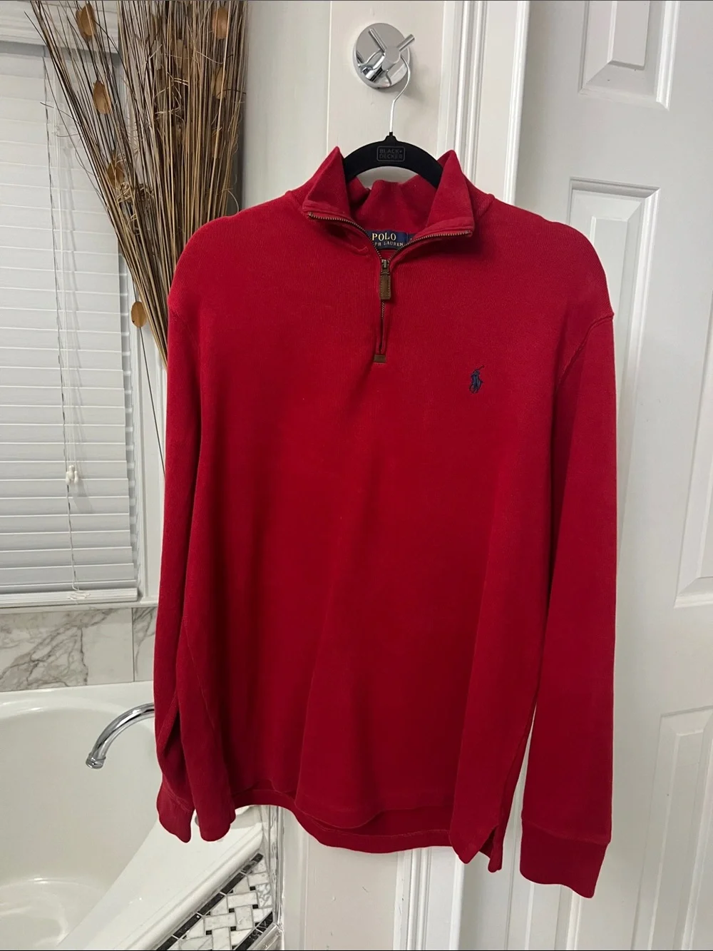 Polo by Ralph Lauren Men’s Red Half-Zip Sweater with Navy Pony